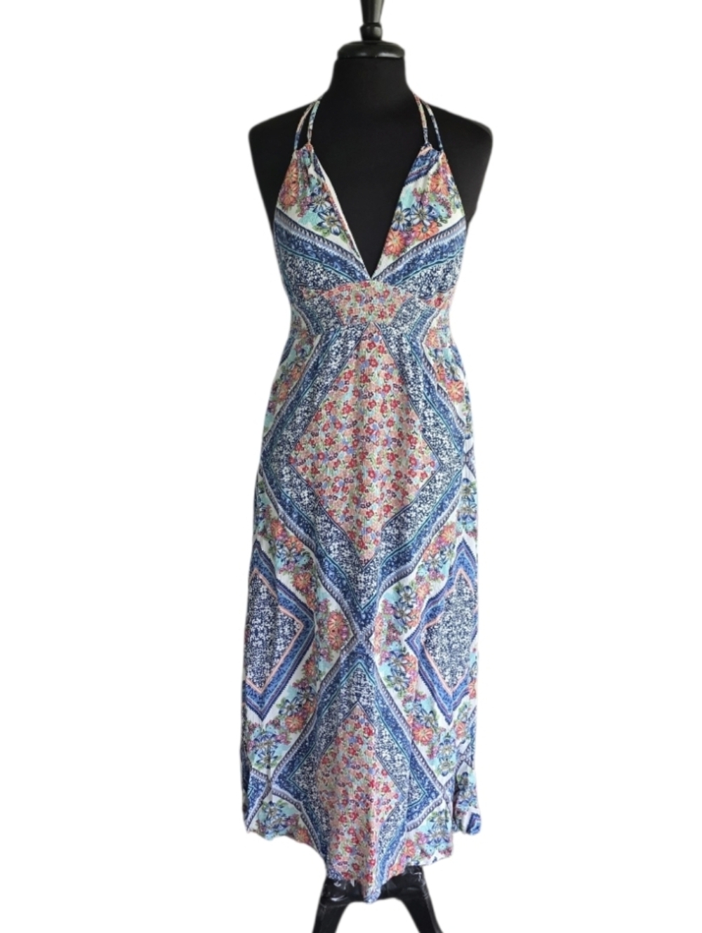 Y2K Vintage Blush Blue Multi-Print Halter Maxi Dress Summer Cottagecore